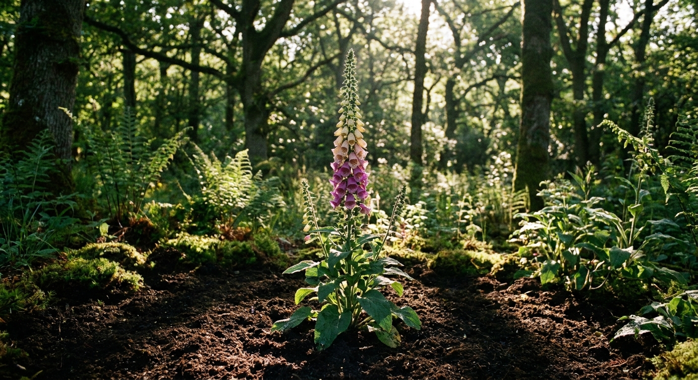 A foxglove plant growing in rich soil under dappled shade with morning sunlight filtering through tree leaves, garden photograph