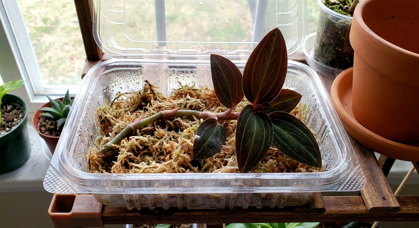 A fresh Ludisia discolor stem cutting resting on damp sphagnum moss inside a clear plastic container on a bright indoor shelf