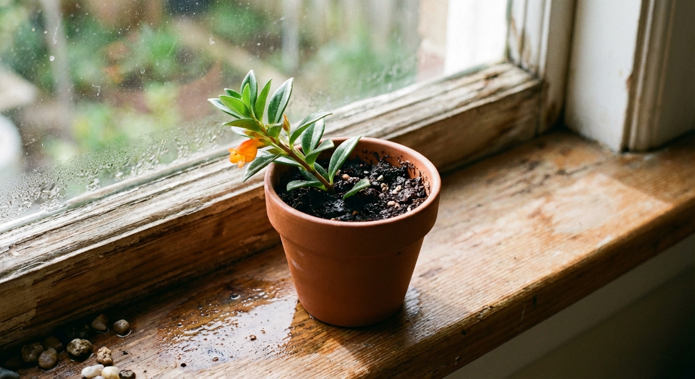 A fresh goldfish plant stem cutting inserted into a small nursery pot with moist potting mix, sitting on a bright windowsill