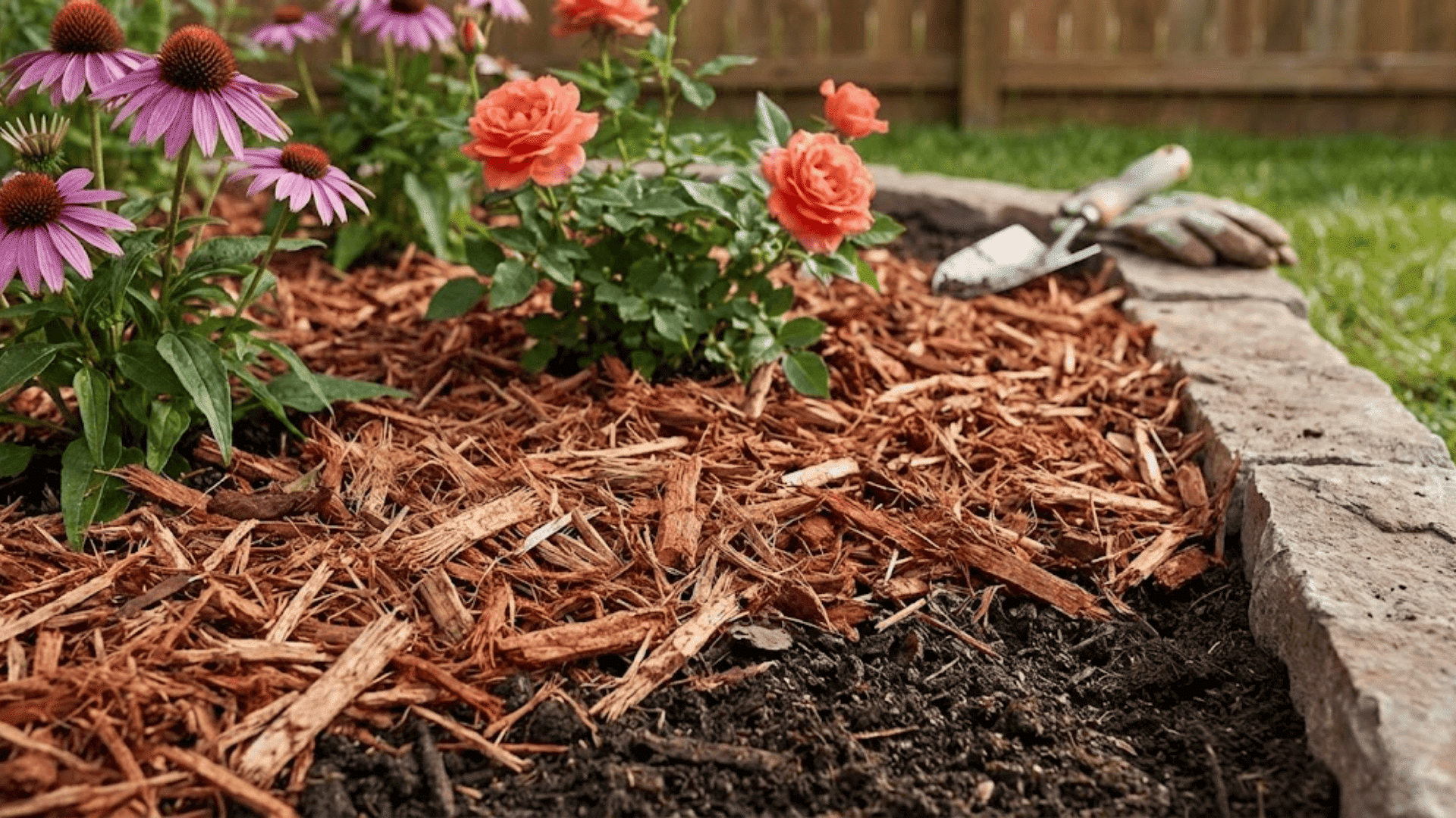 A fresh layer of shredded bark mulch spread evenly around established shrubs in a garden bed, with no weeds visible and clean bed edges