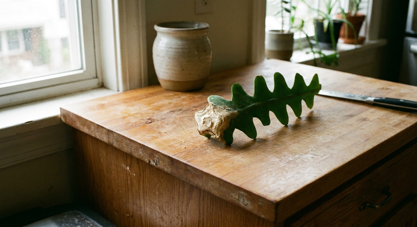 A freshly cut fishbone cactus segment resting on a kitchen counter with the cut end drying and callusing, photographed in natural window light