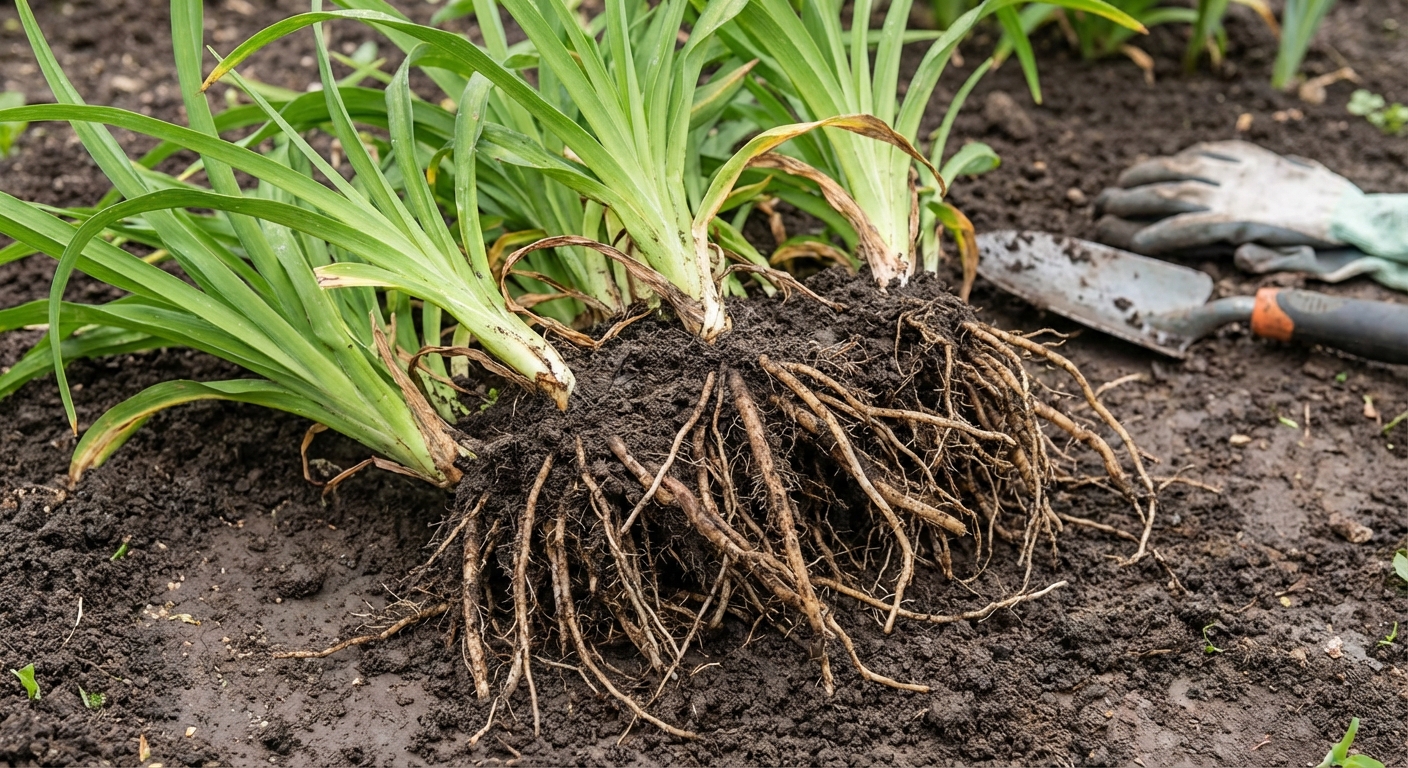 A freshly divided daylily clump with several fans and roots resting on damp soil