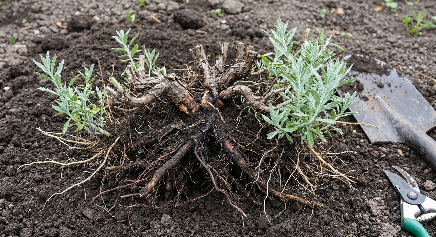 A freshly dug Russian sage clump on soil with visible roots, showing a woody center and healthier outer growth ready for division