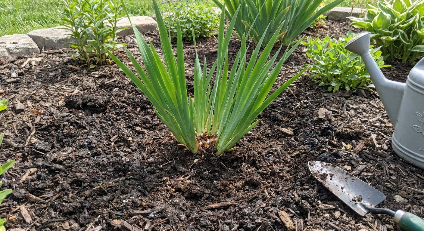 A freshly replanted Siberian iris division in a garden bed, with fibrous roots covered and the crown level with the surrounding soil