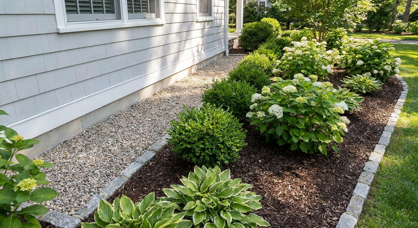 A garden bed along a house foundation with a neat gravel strip next to the siding and wood mulch placed farther out around shrubs