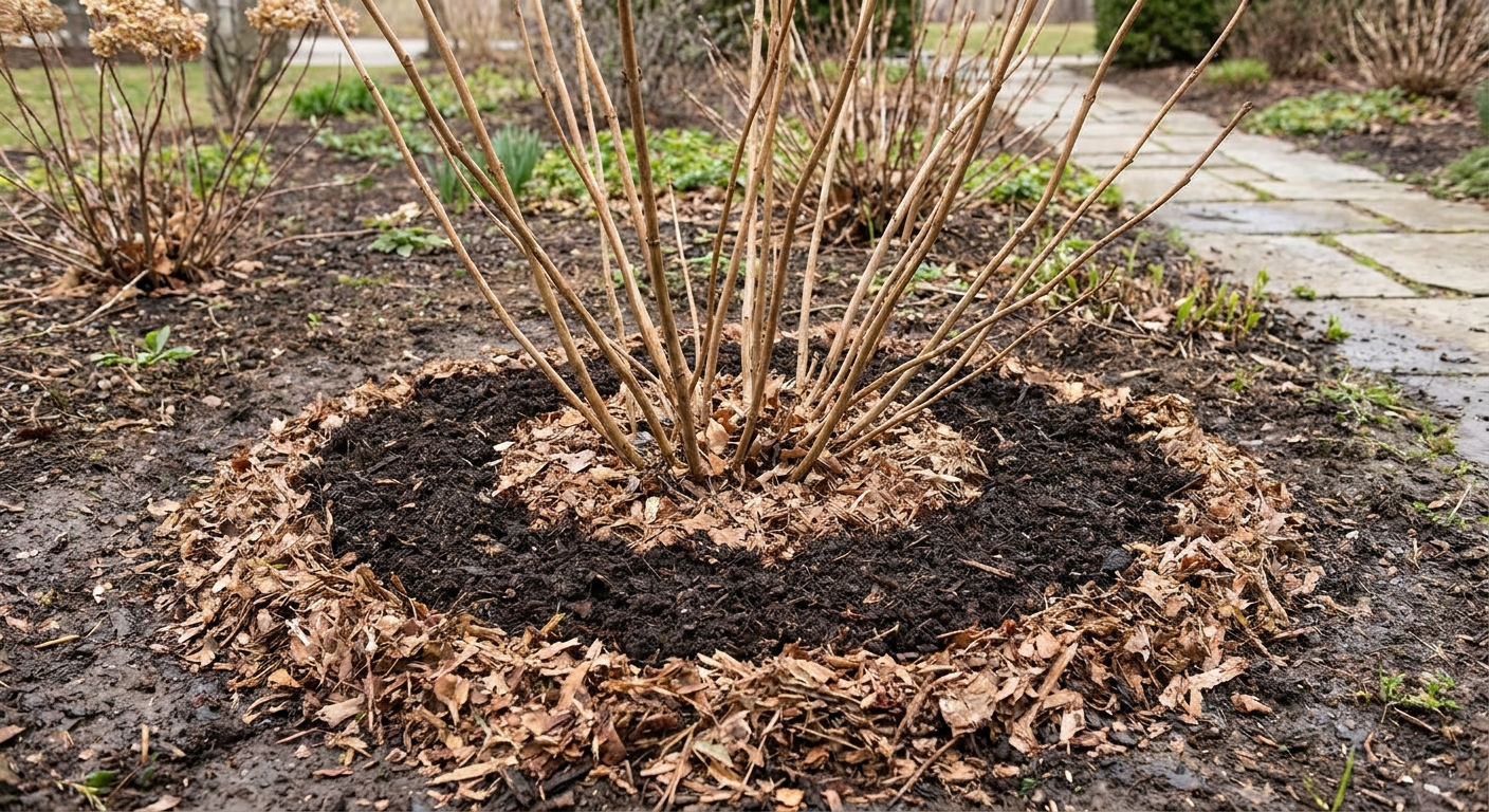 A garden bed with smooth hydrangea stems emerging from a neat ring of leaf mulch and dark compost top-dressing