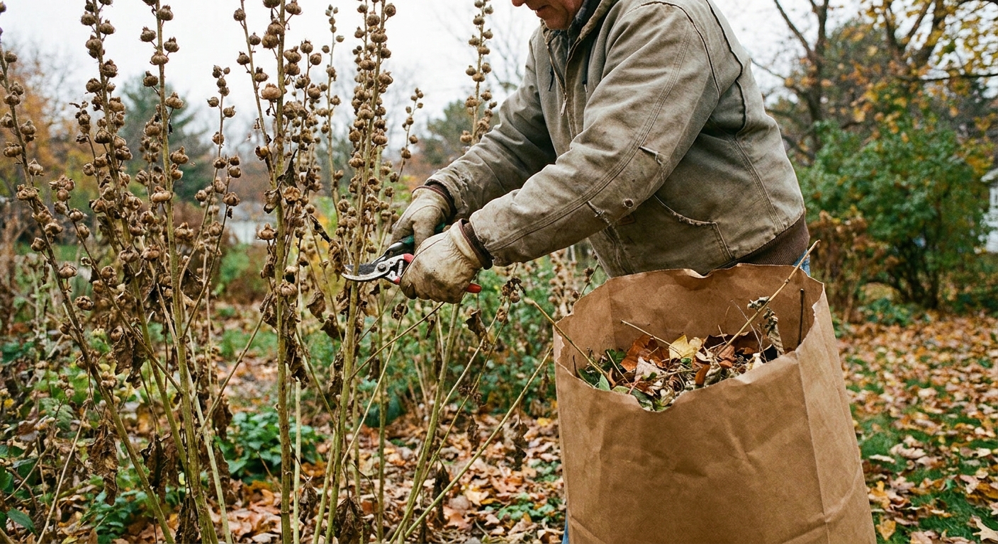 A gardener cutting back dried hollyhock stems in autumn and placing plant debris into a yard waste bag, real photograph