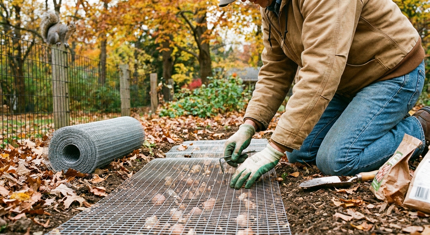 A gardener fitting hardware cloth over a freshly planted bulb trench in a fall garden bed to prevent squirrels from digging