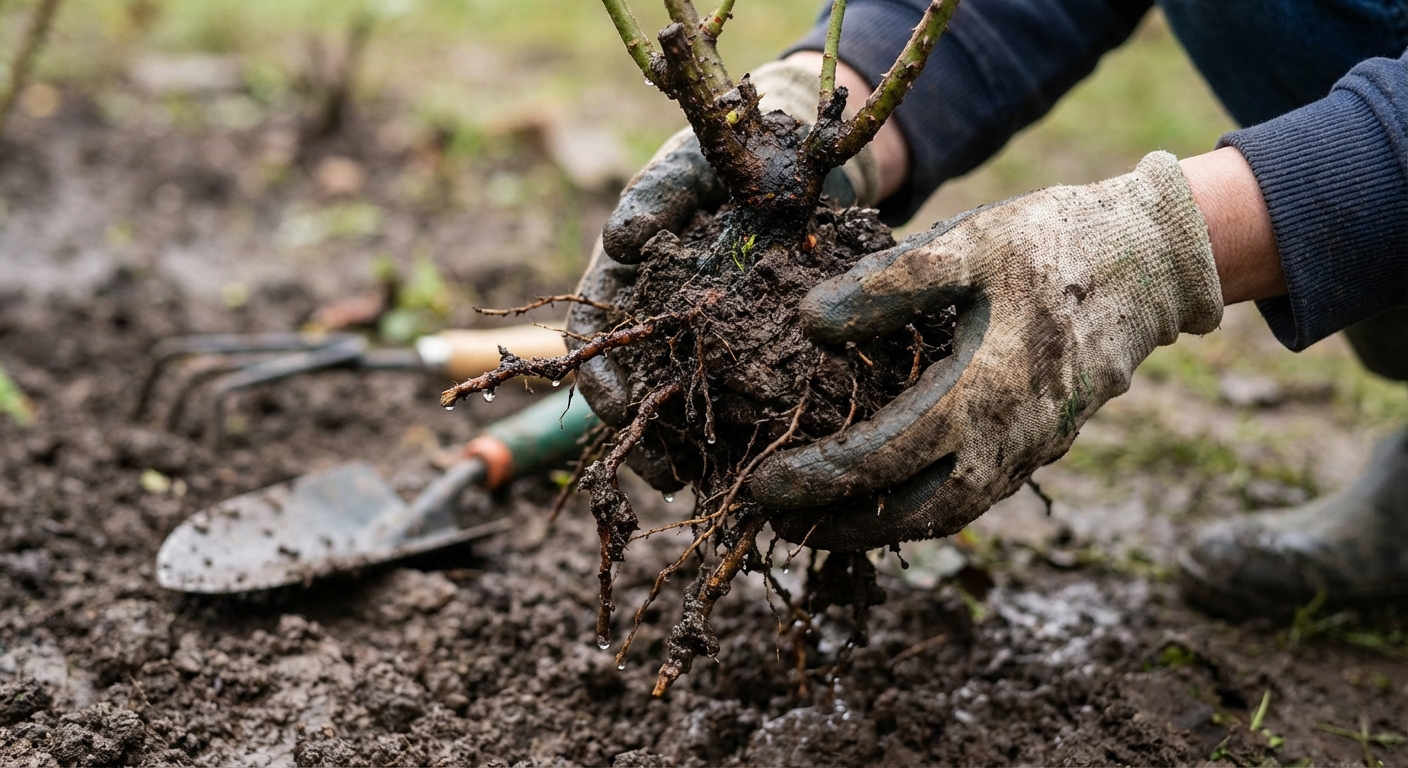 A gardener gently lifting a rose from soil to show dark, waterlogged roots and muddy soil texture, photographed outdoors with hands and root ball in focus