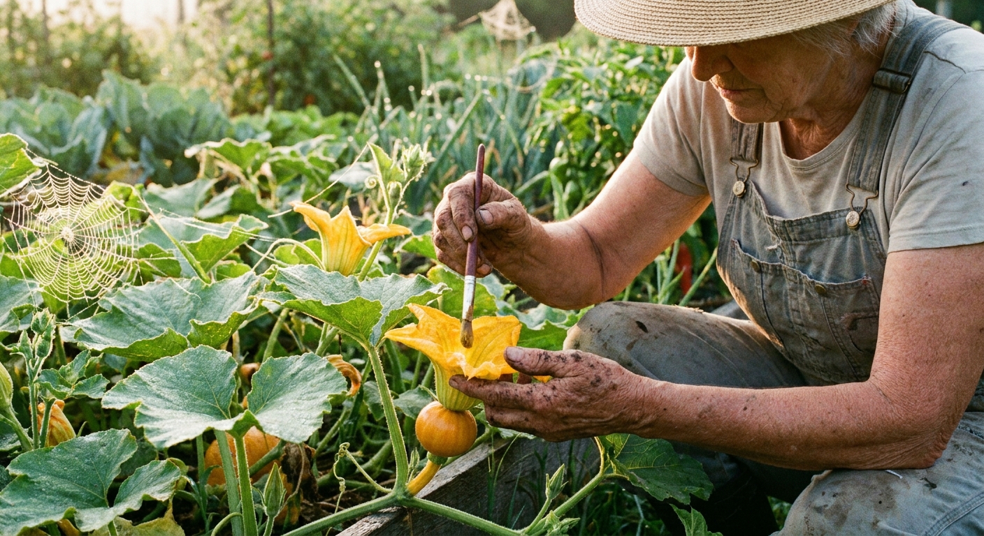 A gardener hand-pollinating a pumpkin flower in the early morning, gently brushing pollen from a male bloom to a female bloom