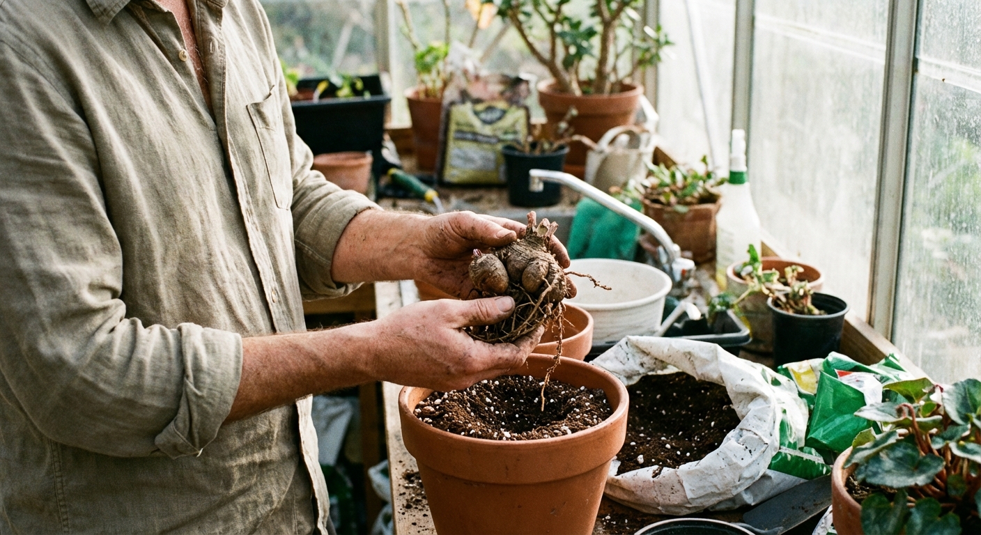 A gardener holding a cyclamen tuber over a small pot with fresh potting mix, preparing to repot in a bright indoor workspace, real photographic style