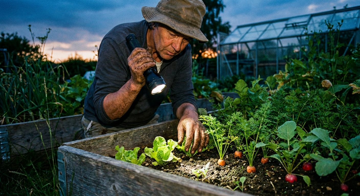 A gardener holding a flashlight at dusk while inspecting the soil line around small vegetable seedlings in a raised bed, realistic photo