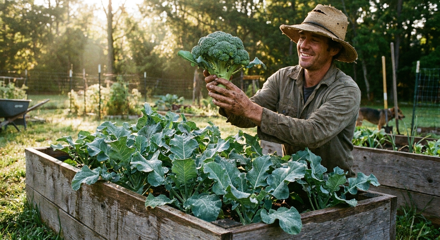 A gardener holding a freshly cut broccoli head above a raised bed with leafy broccoli plants in the background, natural morning light, real photo