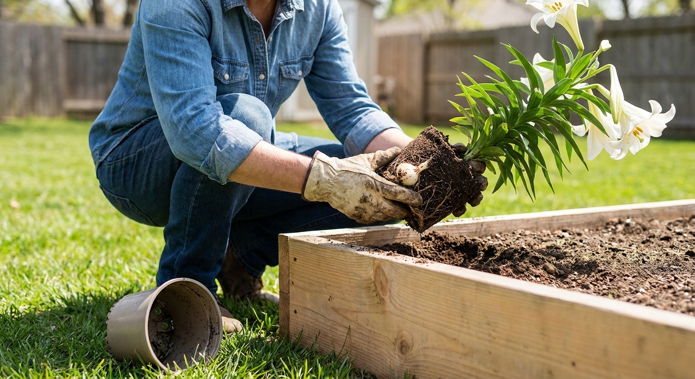 A gardener holding an Easter lily root ball and bulb above a backyard garden bed, with the plant just removed from its pot, realistic outdoor photography style