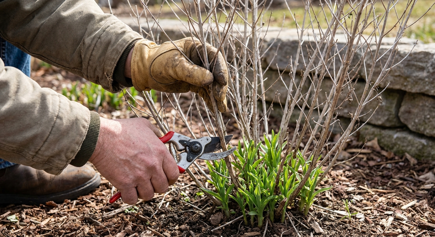 A gardener holding clean pruners while cutting back dried Russian sage stems in early spring with new green shoots at the base