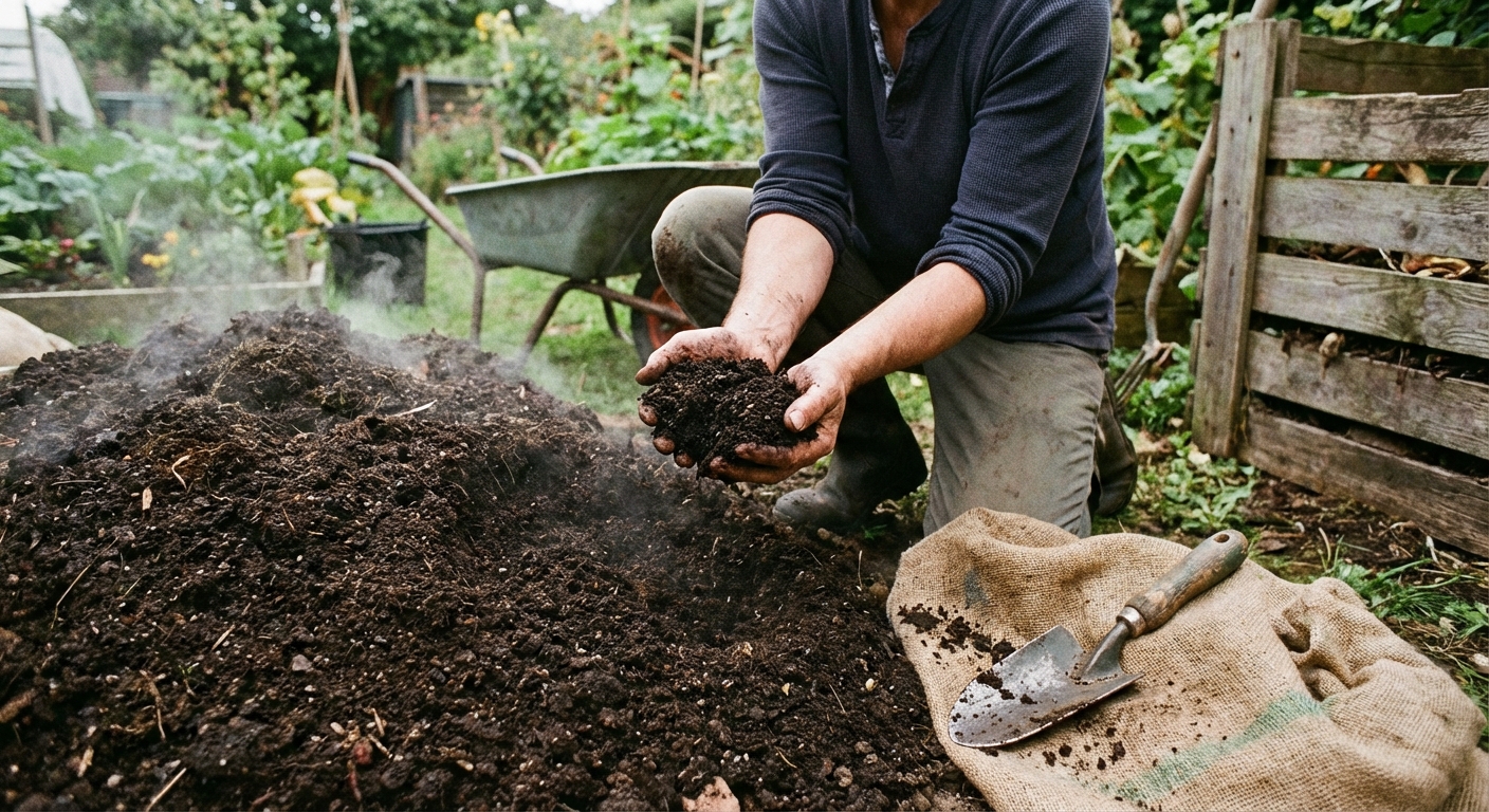 A gardener kneeling beside a compost pile, holding a handful of dark crumbly compost with a small trowel resting nearby