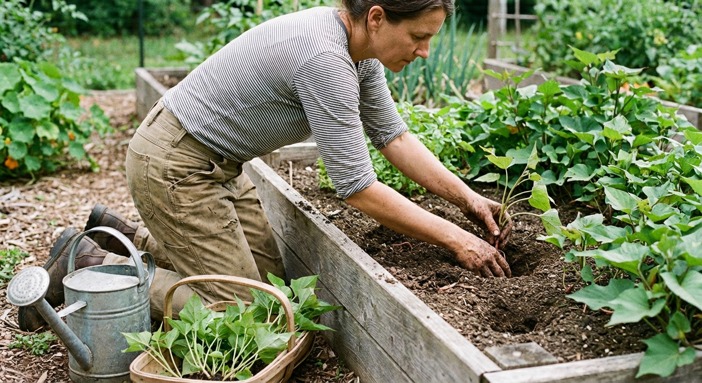 A gardener kneeling beside a raised bed, placing a sweet potato slip into a small hole in loose soil, with a watering can and young green slips nearby, outdoor garden photography