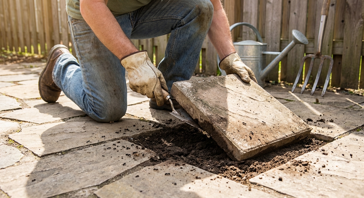 A gardener lifting a single patio paver to reveal soil underneath while checking for an ant nest in a backyard