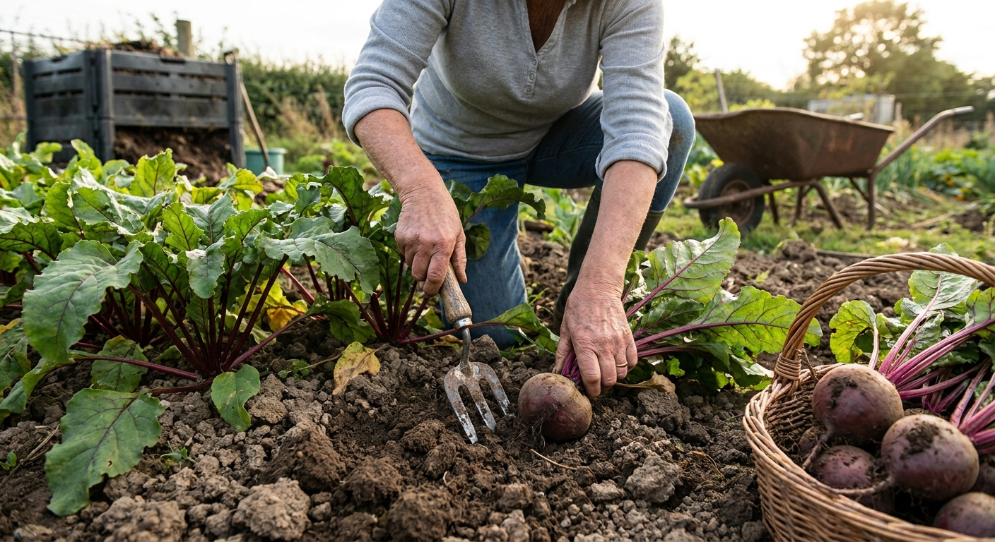 A gardener loosening soil with a hand fork next to mature beet tops before pulling the roots