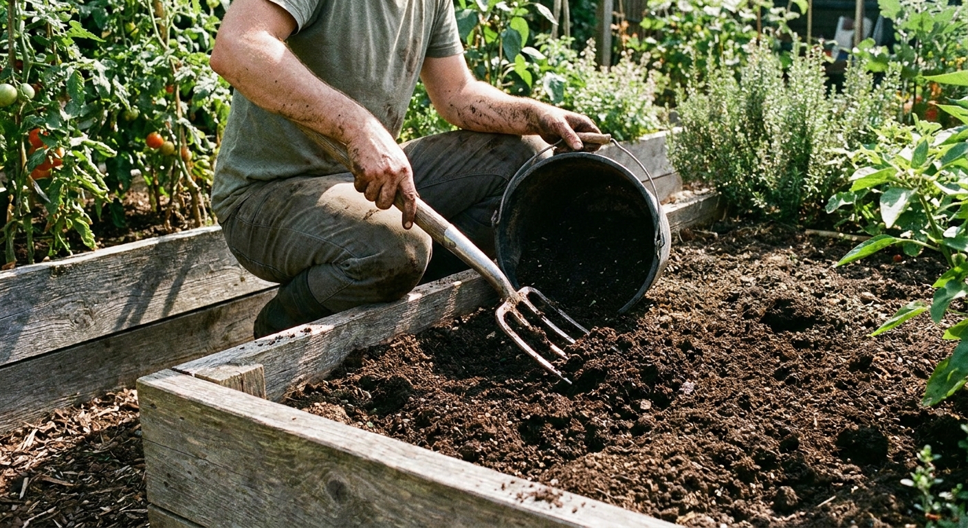 A gardener mixing finished compost into a raised bed with dark, crumbly soil in bright daylight, real photograph