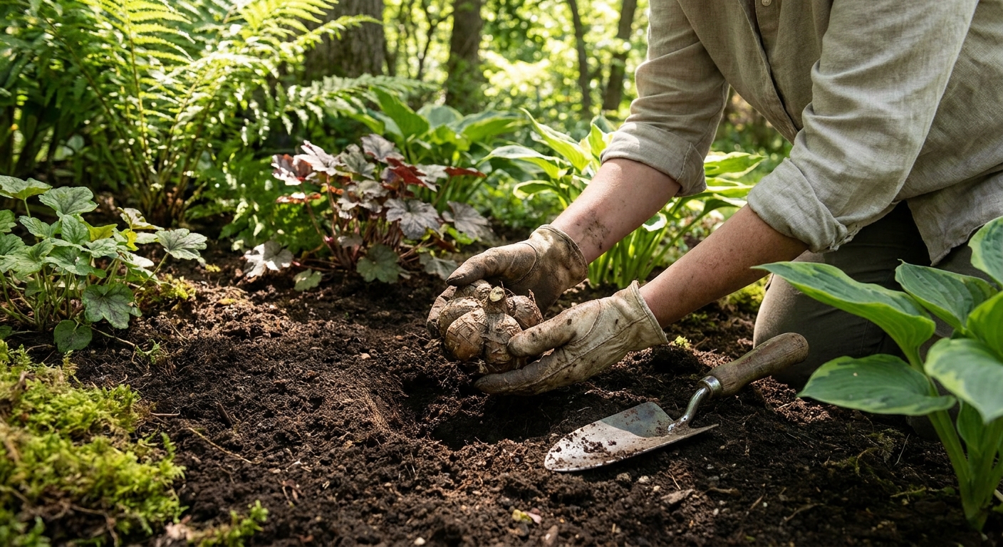 A gardener placing a caladium tuber into a small hole in rich soil in a shaded garden bed, with a hand trowel nearby