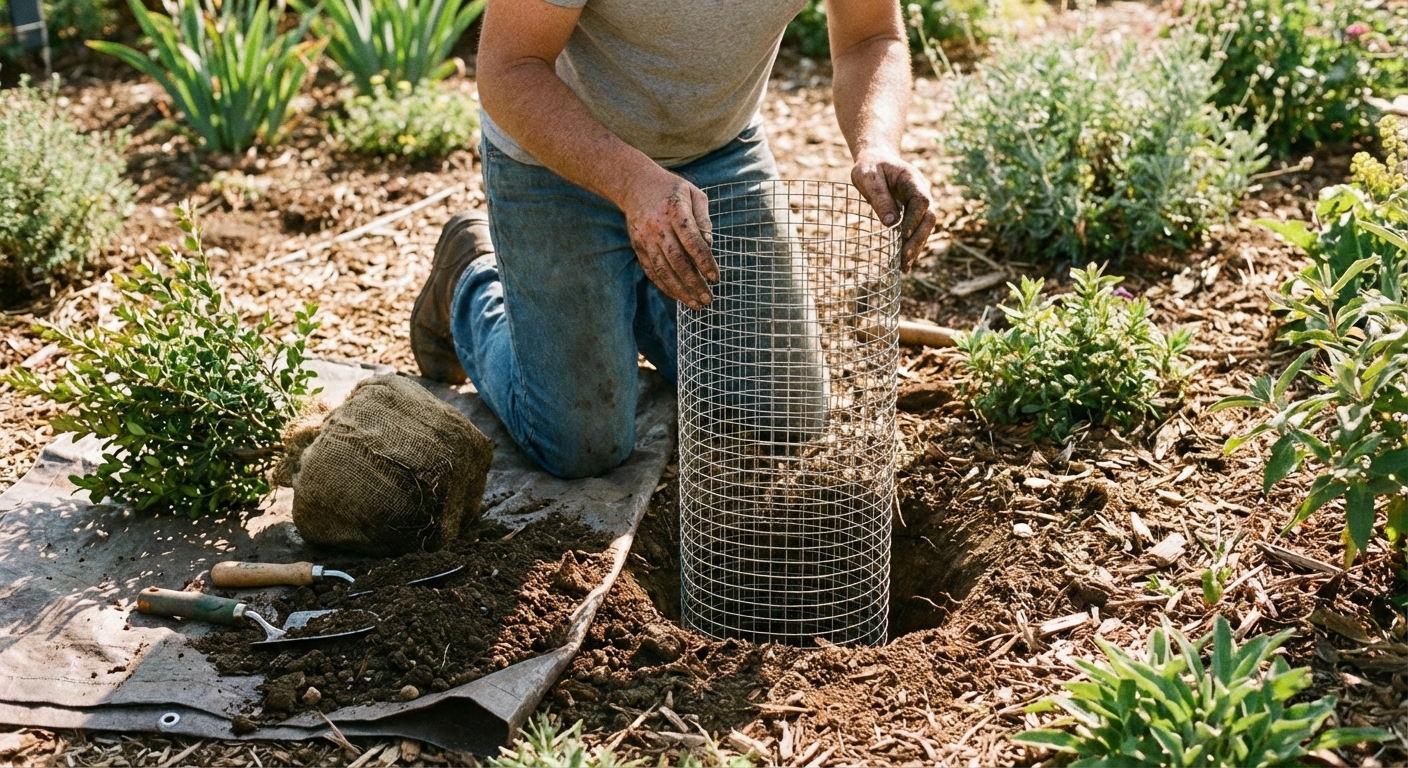 A gardener placing a cylindrical wire gopher basket into a planting hole in a garden bed, with soil and a small shrub nearby, photographed in natural outdoor light