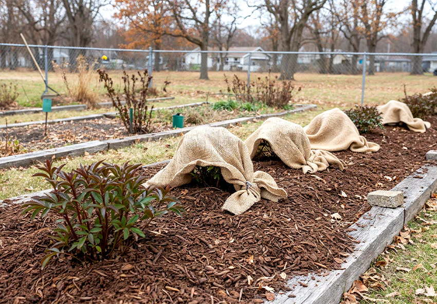 A gardener placing a light ring of clean straw mulch around a peony crown in late fall, leaving the center exposed, outdoor garden photo