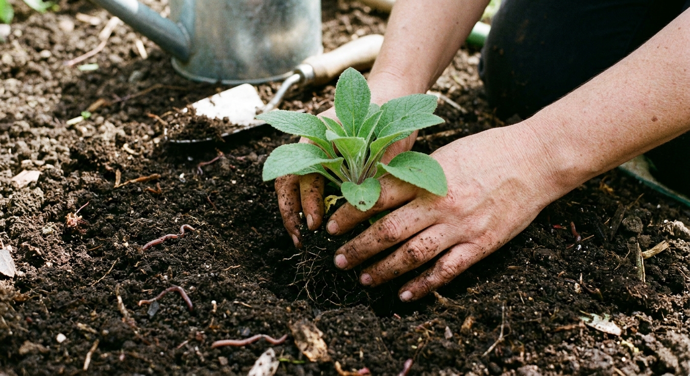 A gardener placing a young foxglove rosette into a prepared garden hole in dark compost-amended soil, close-up outdoor photograph
