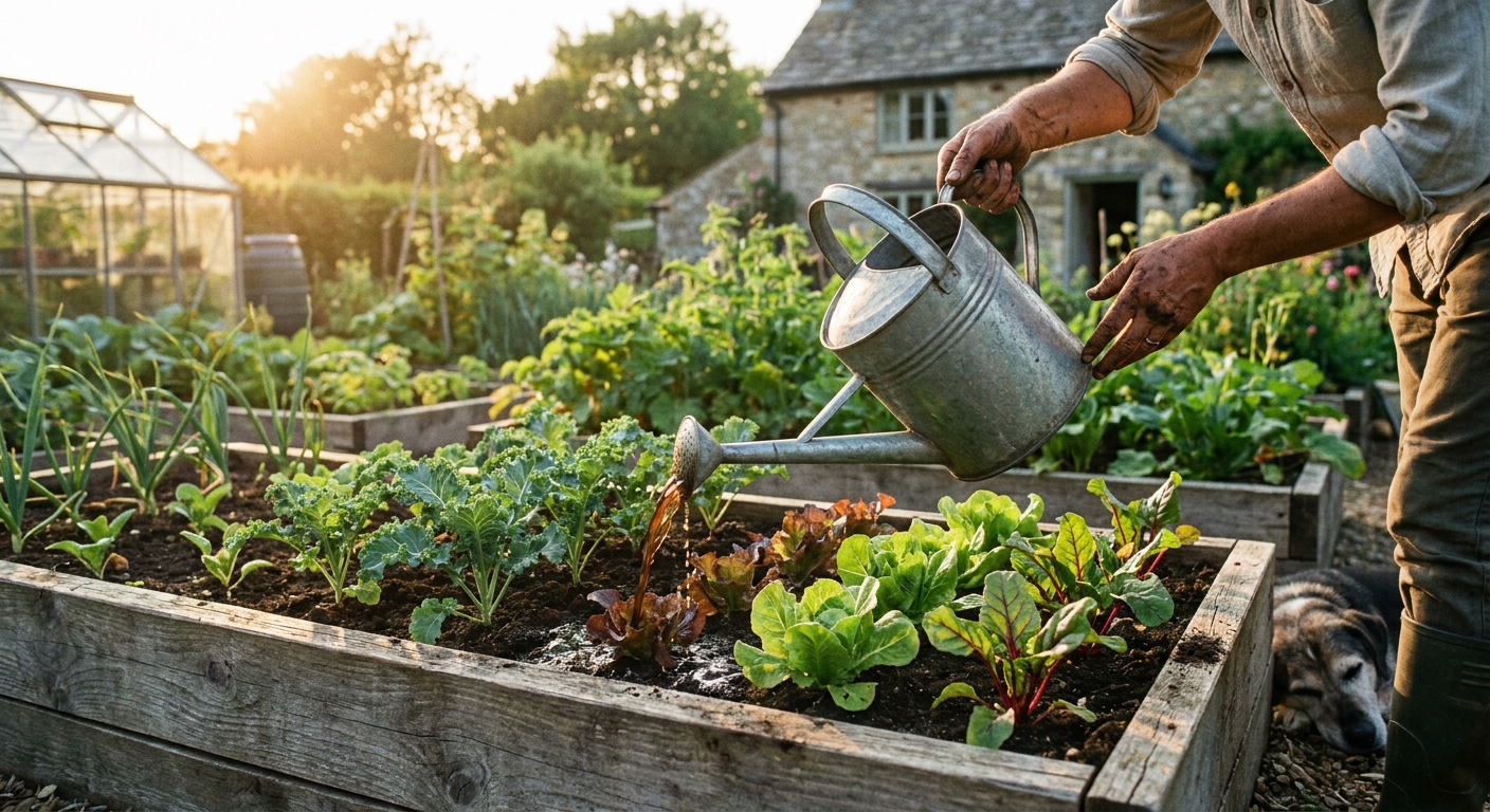 A gardener pouring diluted compost tea from a watering can onto the soil around leafy vegetable seedlings in a raised bed, late afternoon light