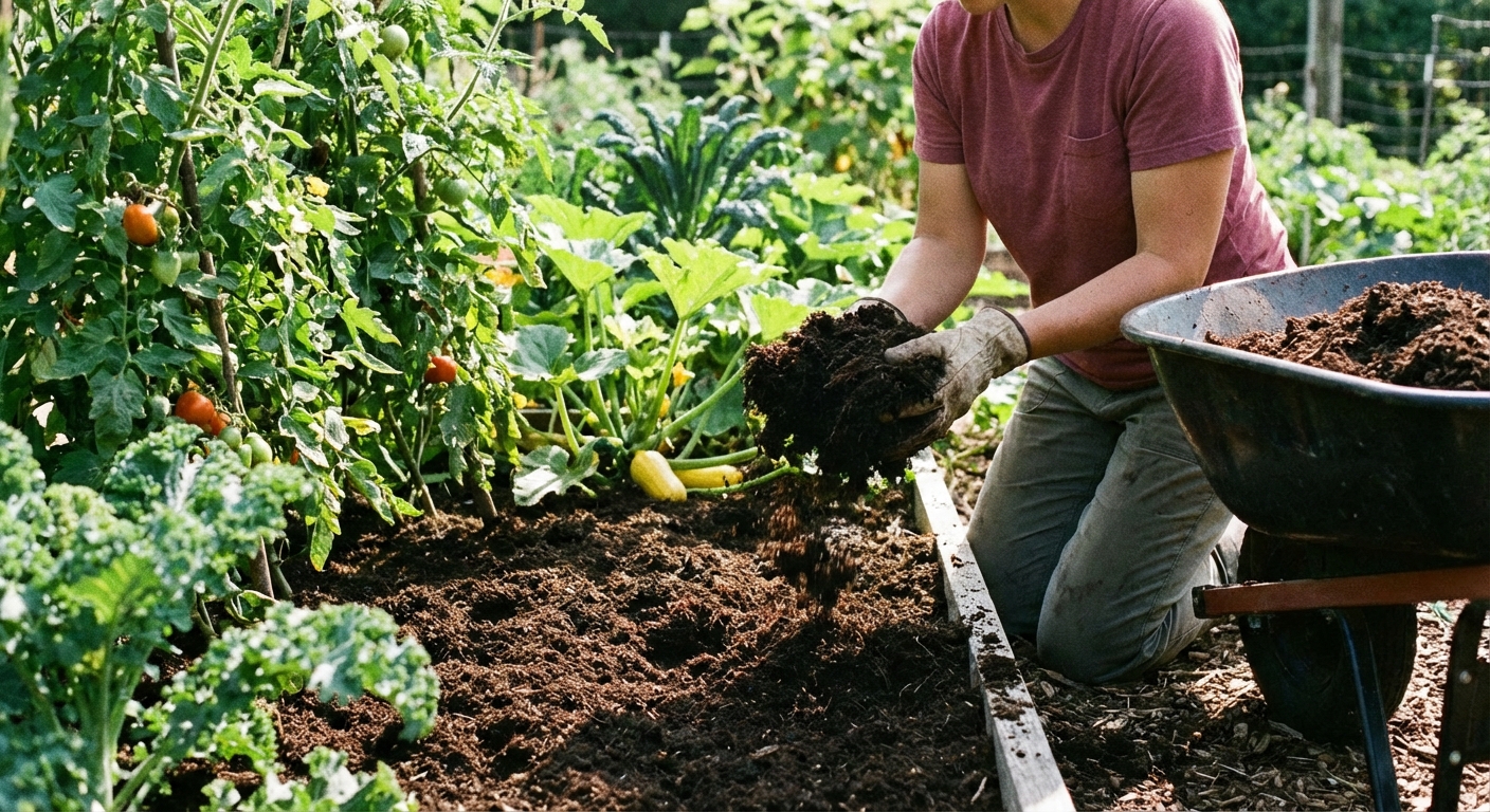 A gardener spreading fluffy leaf mold under vegetable plants in a garden bed