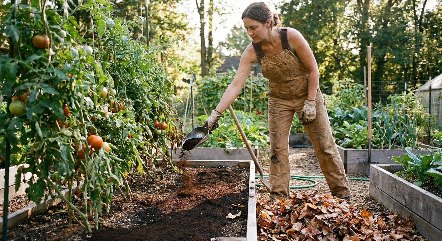 A gardener sprinkling a thin layer of used coffee grounds around tomato plants and then covering it with leaf mulch, outdoor garden photo