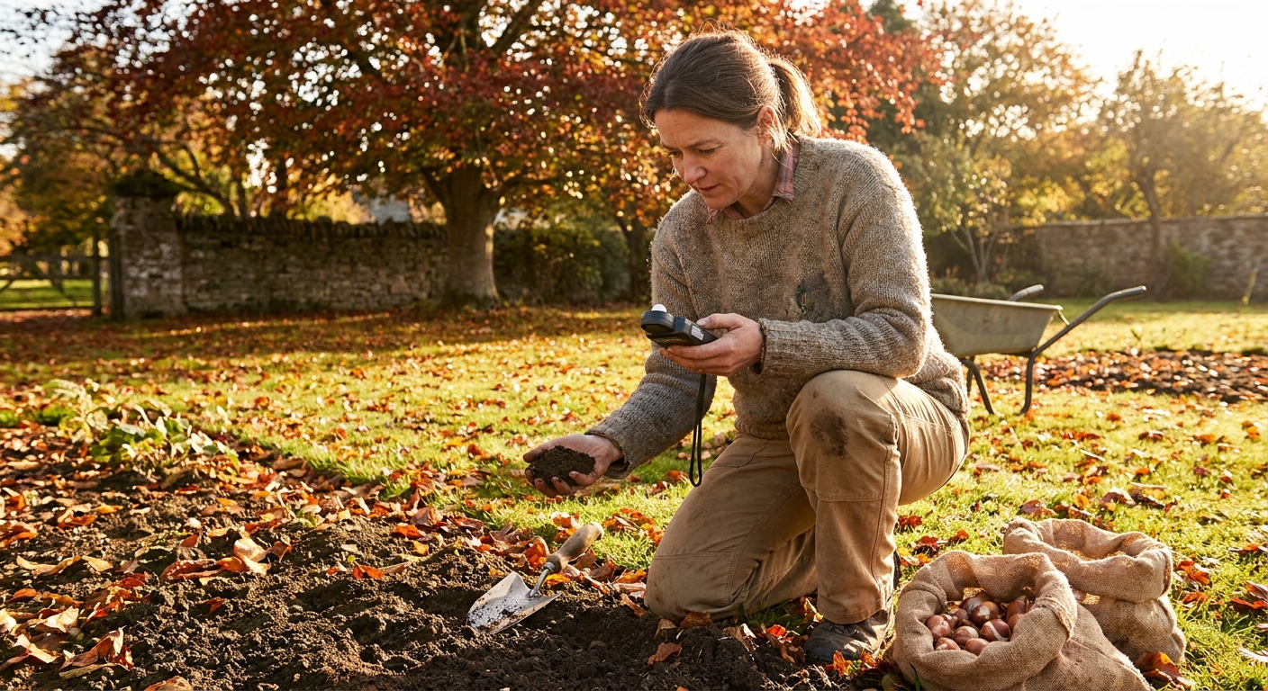 A gardener standing in a sunny fall garden bed area, checking light and soil texture before planting bulbs, realistic outdoor photo