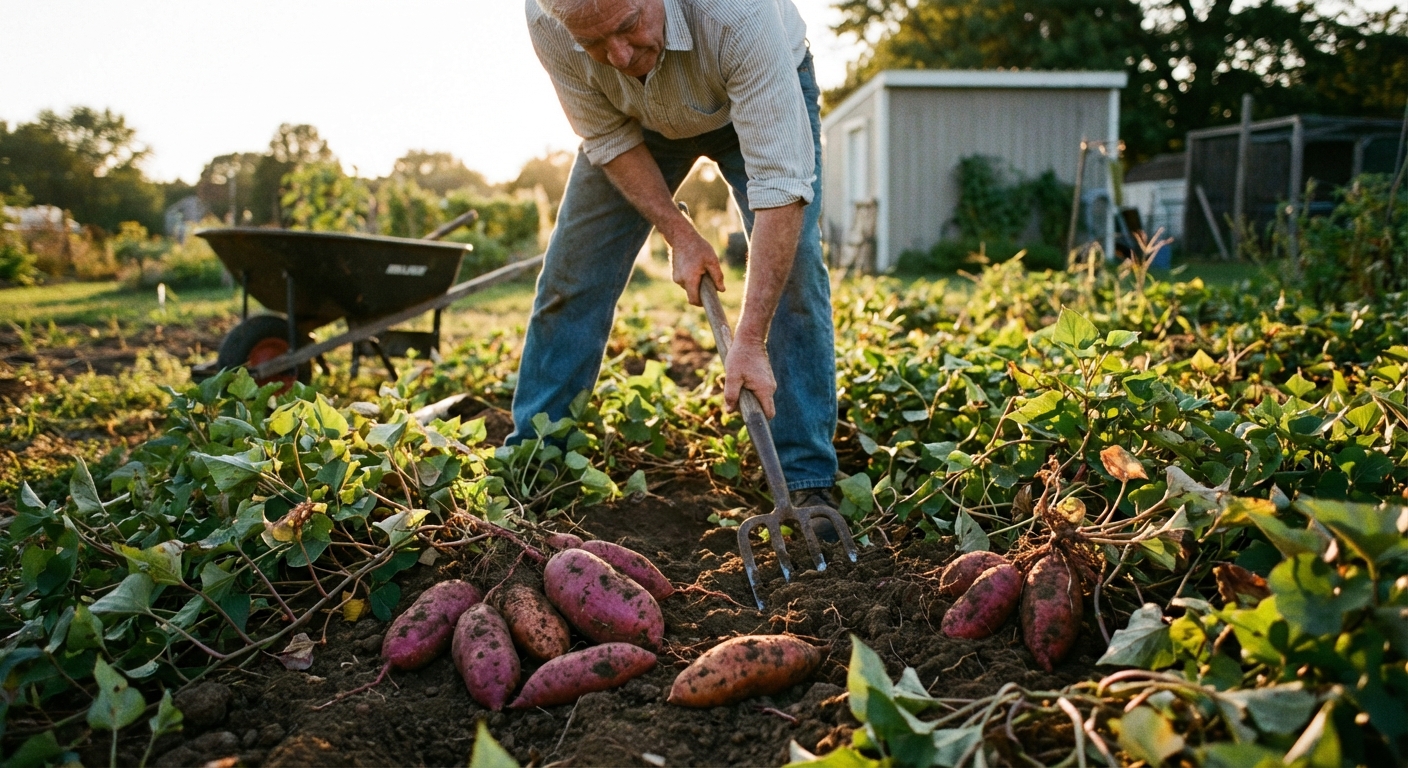 A gardener using a digging fork to loosen soil beside sweet potato vines, with several freshly unearthed sweet potatoes resting on the soil surface, late afternoon garden photography