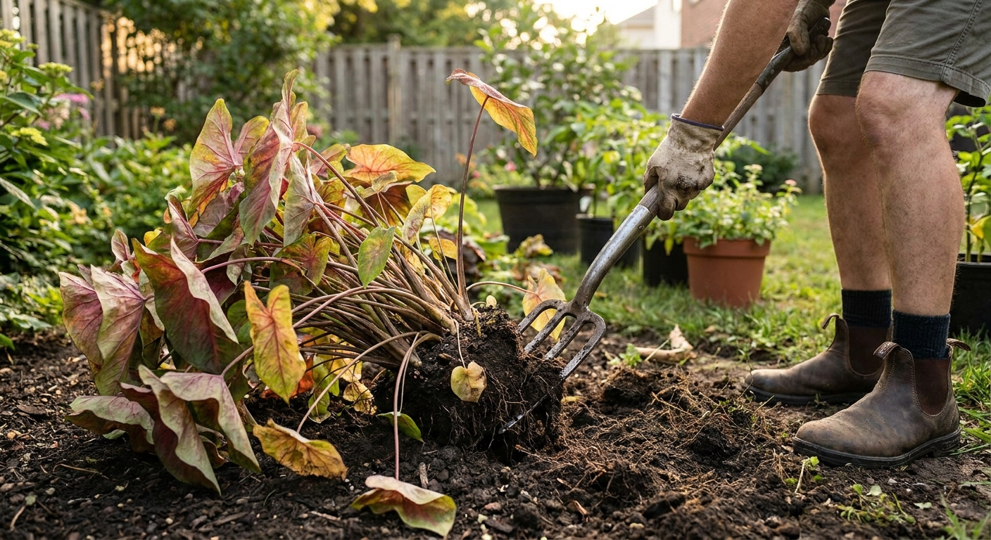 A gardener using a garden fork to lift a caladium clump from soil in a backyard bed, with fading caladium leaves visible