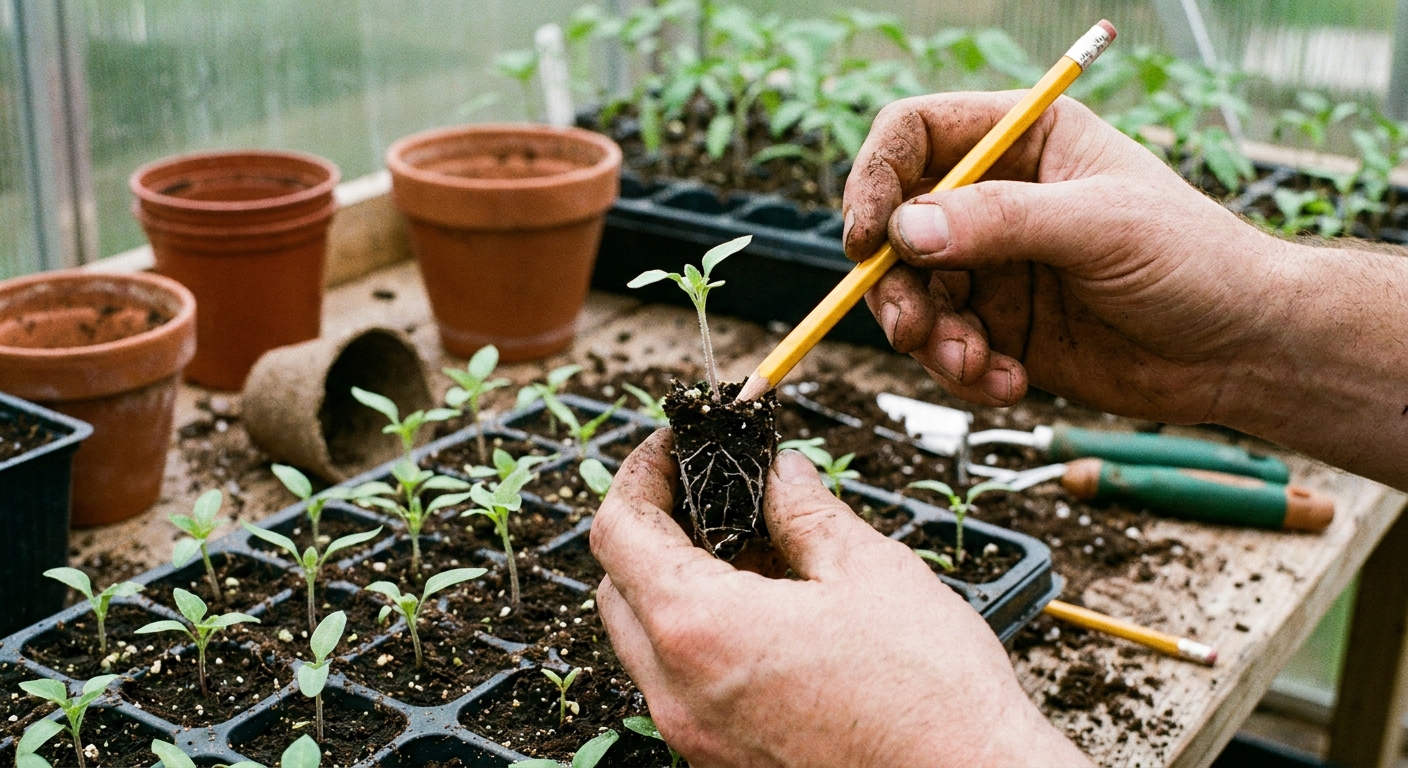 A gardener using a pencil as a dibber to lift one seedling from a crowded cell tray, showing small roots and true leaves in sharp focus