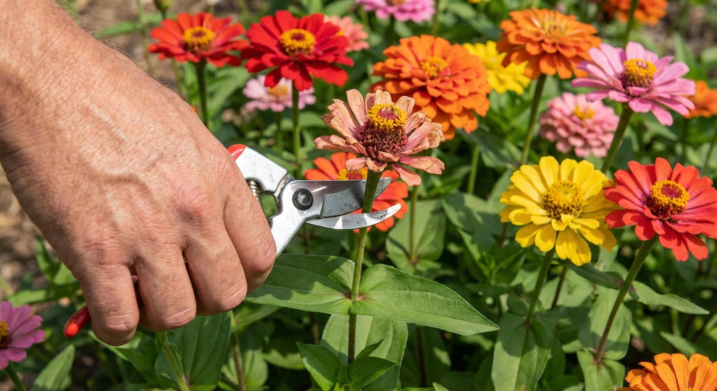A gardener using clean snips to cut a spent zinnia bloom back to a pair of green leaves, with bright healthy zinnia flowers in the background