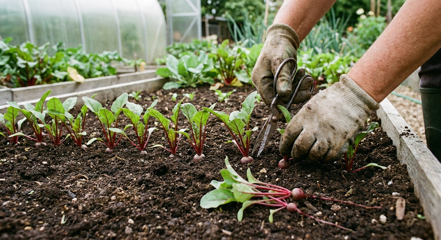 A gardener using small scissors to thin beet seedlings in a garden bed, leaving evenly spaced plants