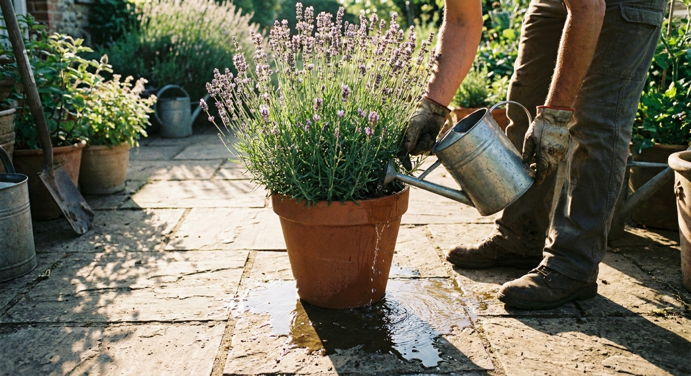 A gardener watering a potted lavender plant at soil level on a bright morning patio, with water flowing out of the drainage hole