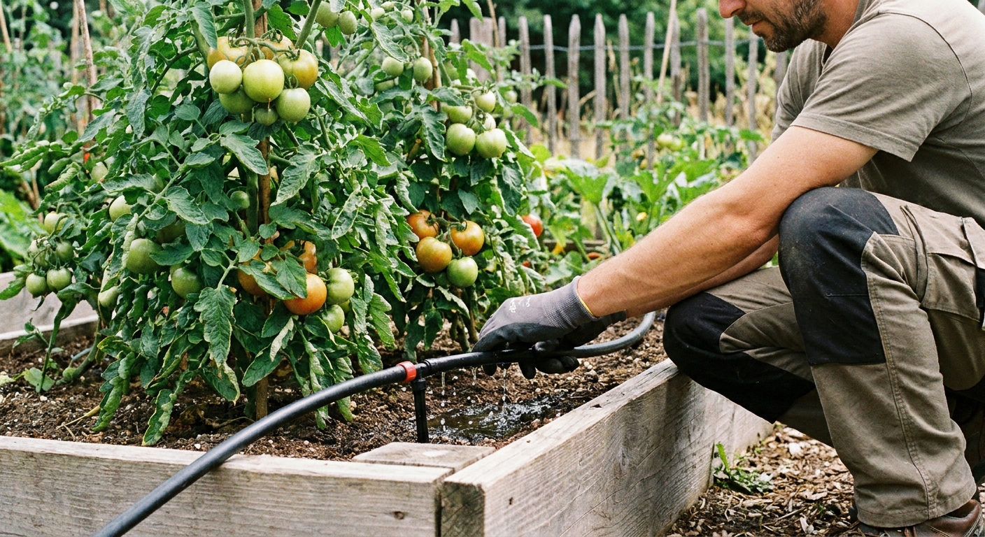 A gardener watering a tomato plant at the base in an outdoor garden bed using a drip line, real photo