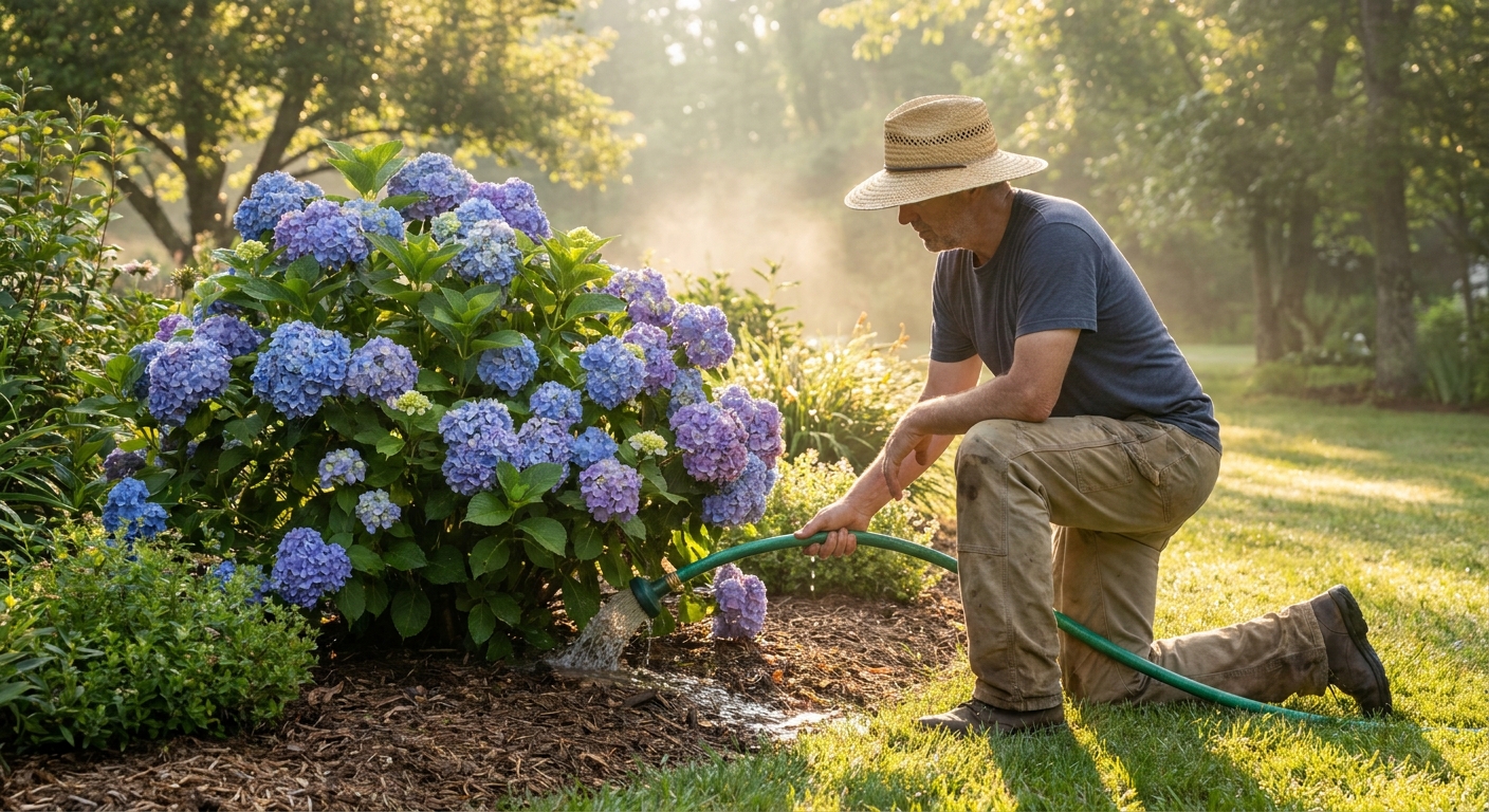 A gardener watering the base of a hydrangea shrub with a garden hose soaker setting, early morning light in a home garden