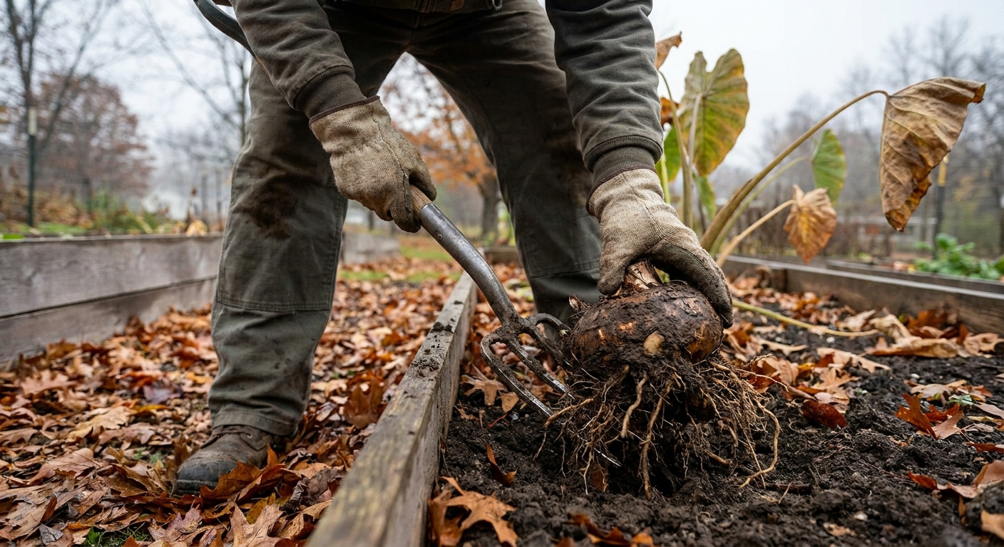 A gardener wearing gloves gently lifting a large elephant ear corm and roots from a garden bed with a digging fork on an overcast autumn day