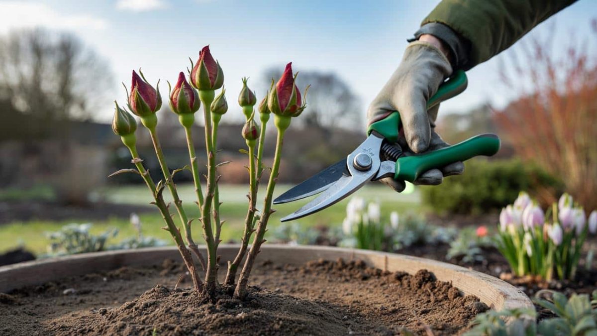 A gardener wearing gloves pruning a healthy rose bush in a sunny backyard garden with clean hand pruners, real photo style