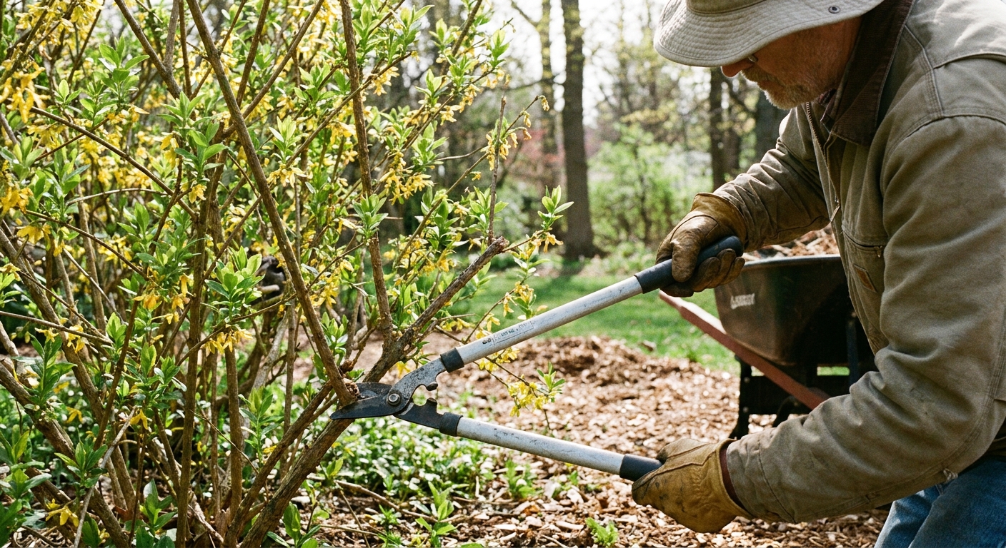 A gardener wearing gloves using long-handled loppers to cut an old forsythia cane near the base, with fresh green leaves visible after spring bloom