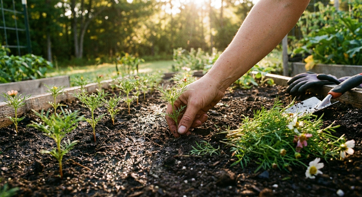 A gardener's hand gently pulling extra cosmos seedlings from a garden row, leaving evenly spaced young plants in moist soil under bright morning light