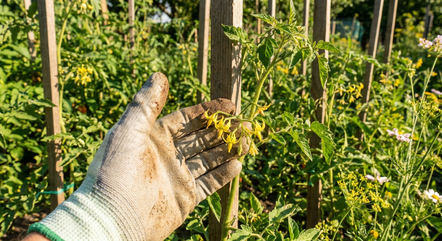 A gardener’s hand gently tapping a tomato flower cluster on a staked plant in a bright vegetable garden to help pollination