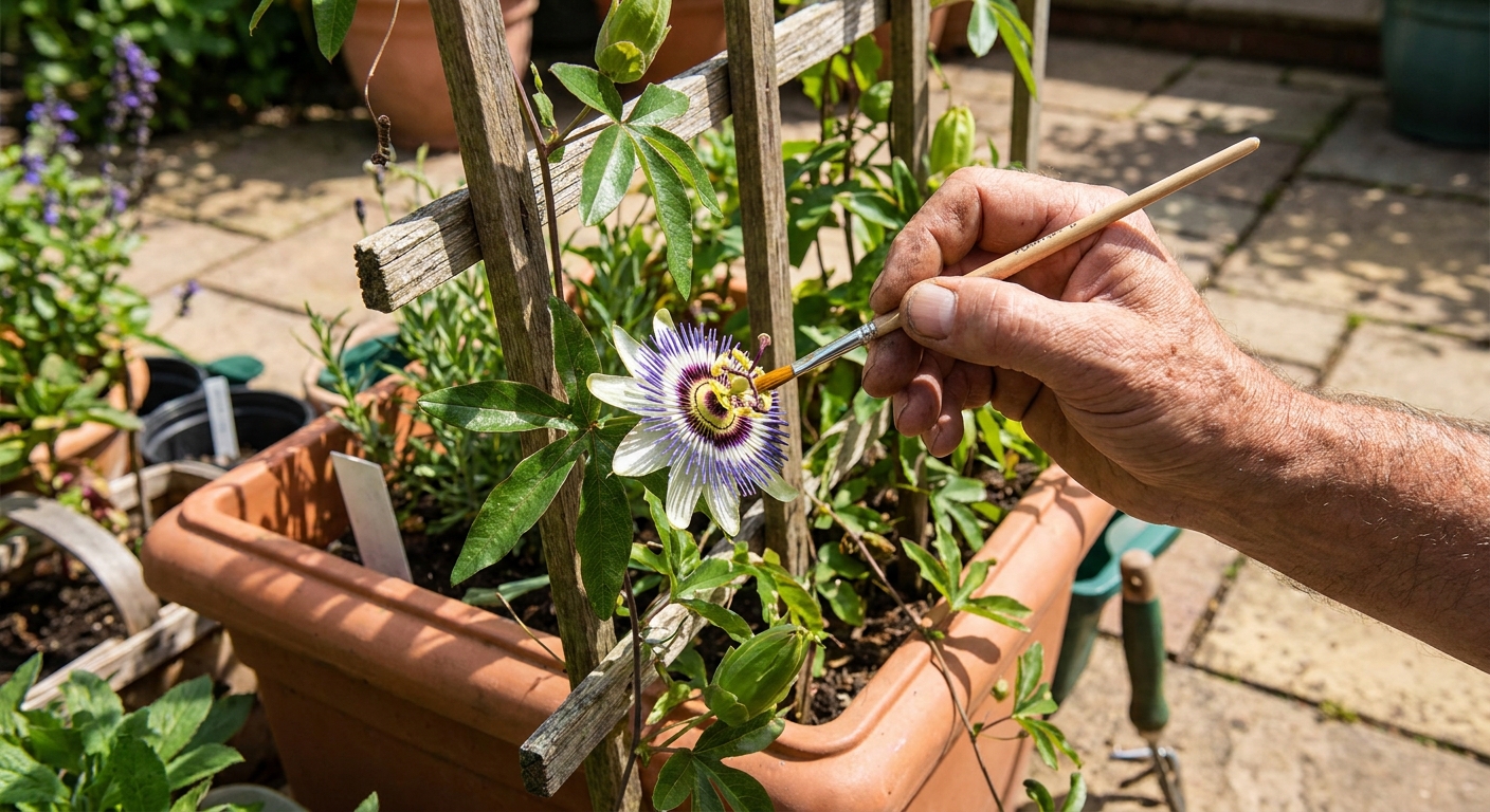 A gardener's hand holding a small paintbrush and gently transferring pollen inside an open passion flower bloom on a vine in a patio container