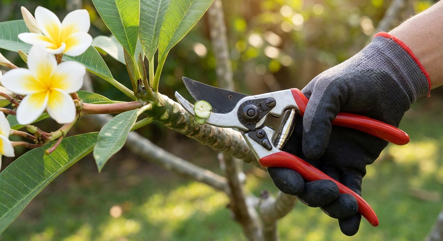 A gardener's hand holding clean pruning shears making a neat cut on a plumeria branch outdoors, realistic close-up photo