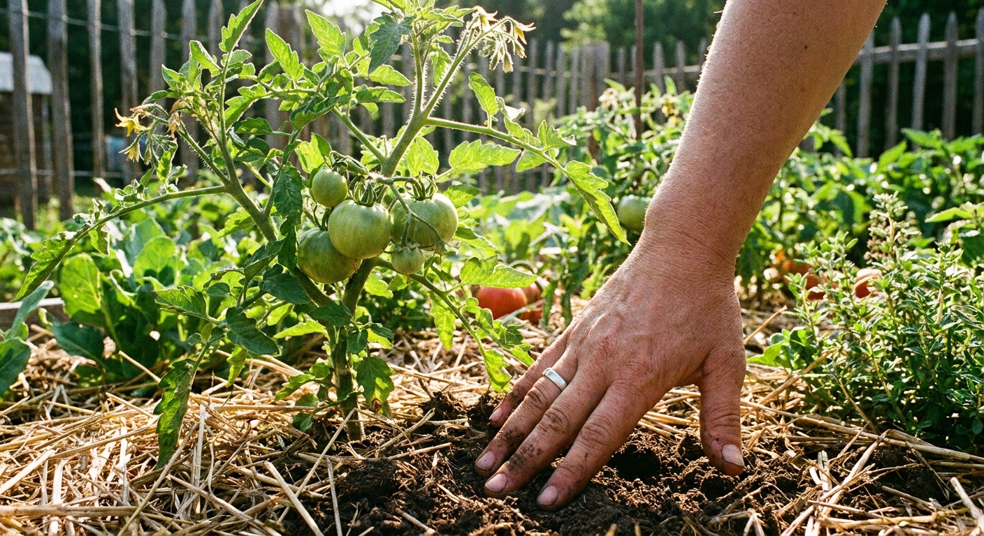 A gardener’s hand pressing fingers into soil near a tomato plant to check moisture under mulch in a sunny vegetable garden photo