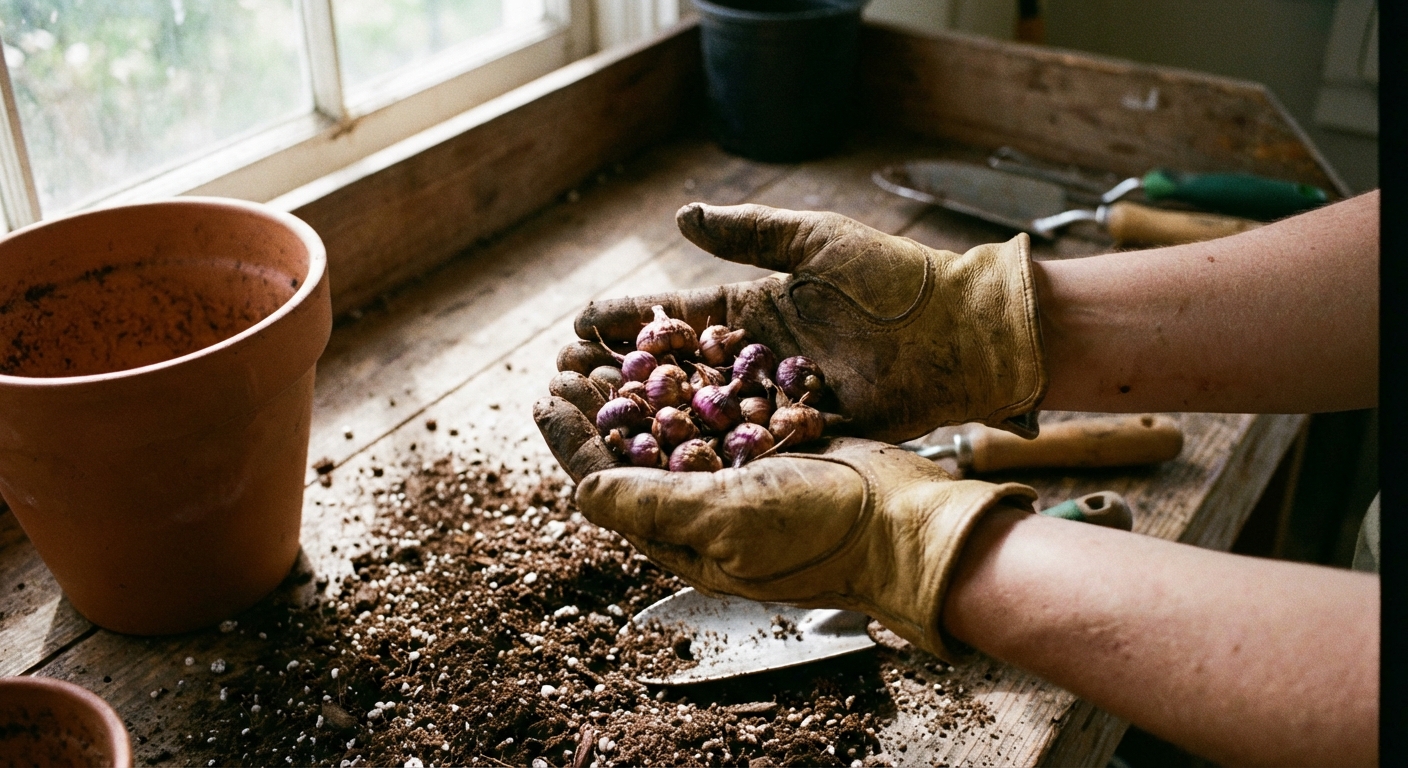 A gardener's hands holding several small oxalis corms above a potting bench with a terracotta pot and loose potting mix, natural indoor light, photorealistic