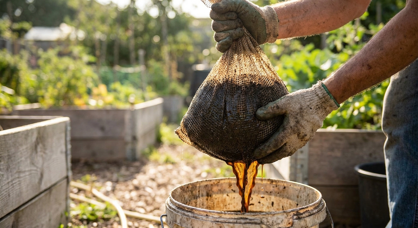 A gardener’s hands lifting a wet mesh bag of compost above a bucket as dark brown compost tea drains, outdoor natural light